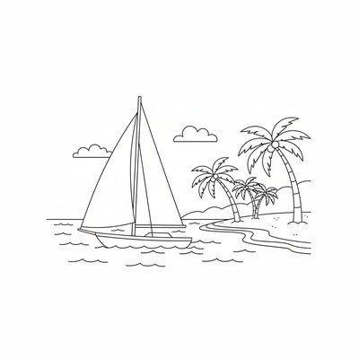 Segelbåt nära stranden med palmer