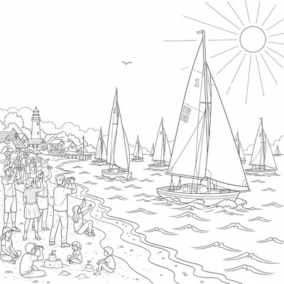 Segelbåtstävling med flera båtar och publik på stranden