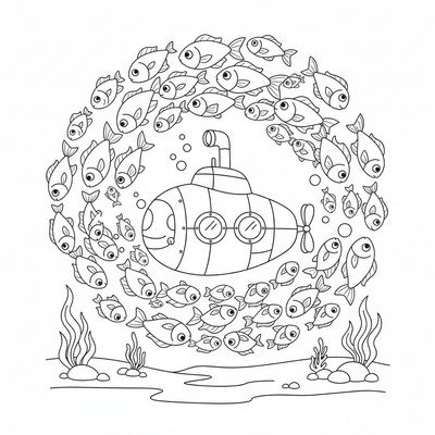 U-båt bland stim av fiskar