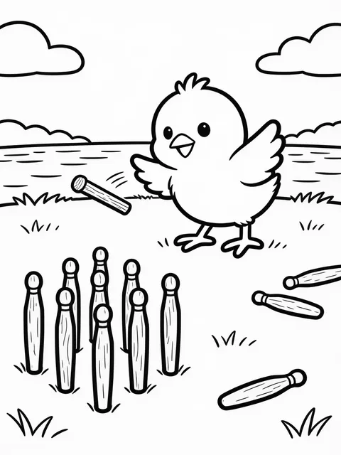Påskkyckling spelar kubb på gräsmattan