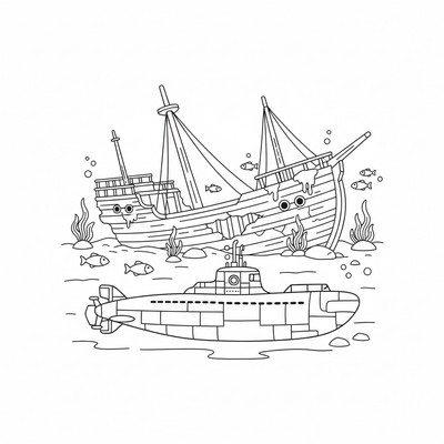 U-båt nära ett skeppsvrak