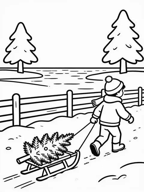 Barn drar hem julgranen på en kälke