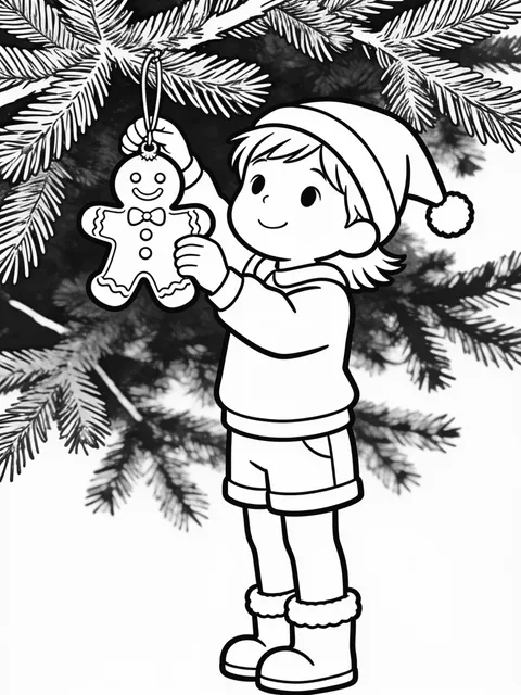 Barn hänger en pepparkaksgubbe i granen