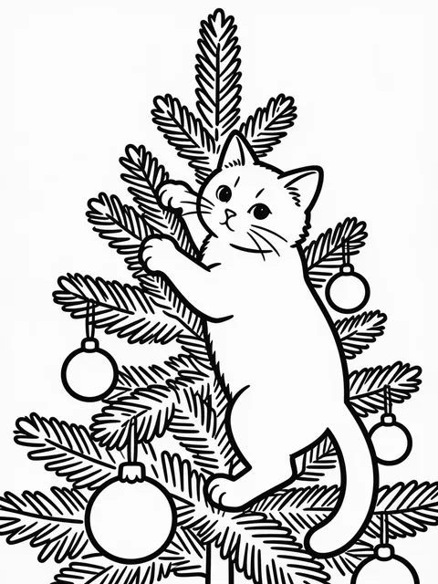 Katt klättrar upp i julgranen