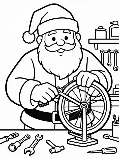 Tomten lagar en cykel i verkstaden