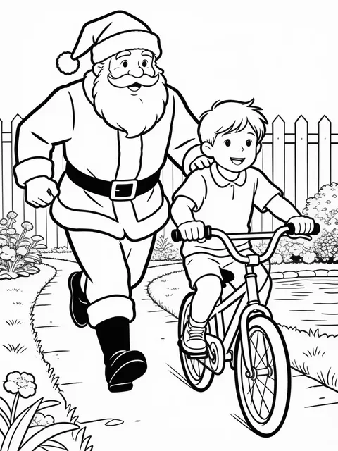 Tomten lär ett barn cykla