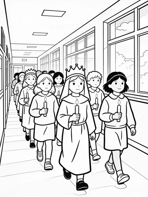 Luciatåg går genom skolans korridor