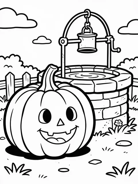 Pumpa står vid en solig trädgårdsbrunn