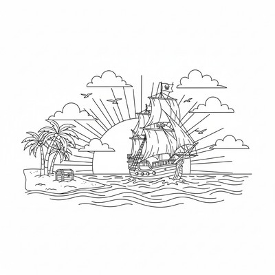 Piratskepp i solnedgång