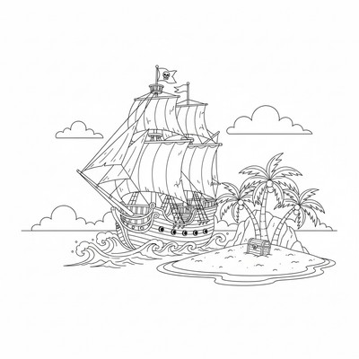 Piratskepp som närmar sig en ö