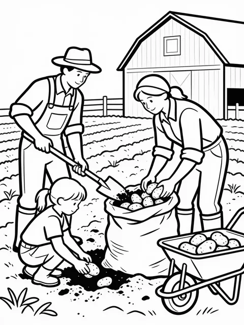 Familj tar upp potatis på åkern