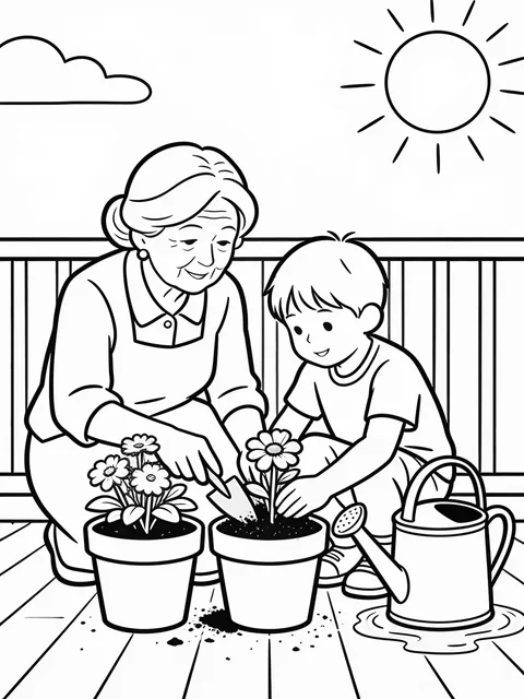 Farmor och barnbarn planterar krukväxter på altanen