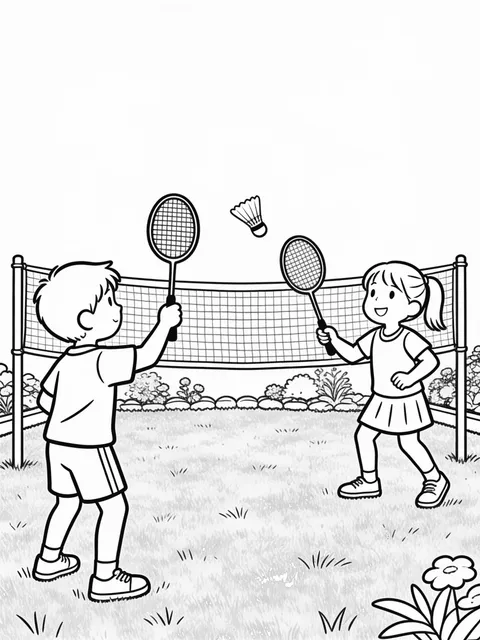 Barn spelar badminton på gräsmattan