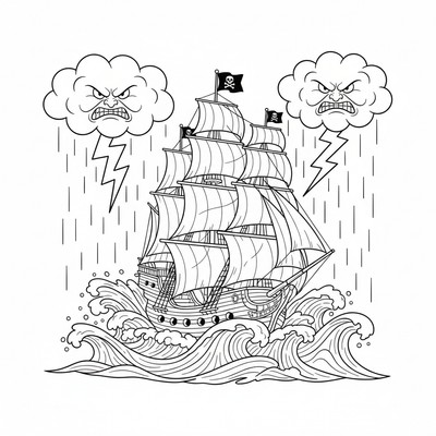 Piratskepp som seglar genom storm