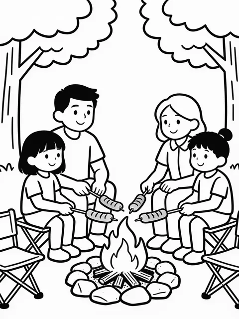 Familj grillar korv över en lägereld på sommaren