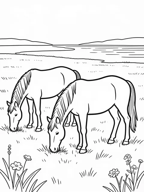 Hästar betar fritt på en sommaräng