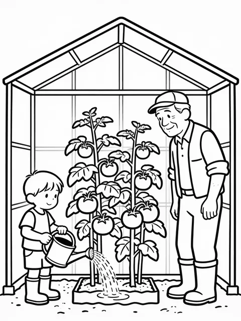 Barn och farfar vattnar tomatplantor i växthus