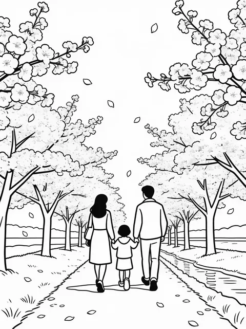 Familj går en promenad bland blommande träd på våren