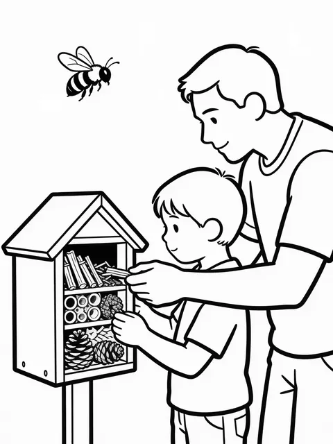Barn bygger insektshotell i trädgården på våren