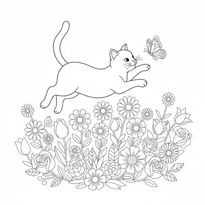 Katt som jagar en fjäril över blommor