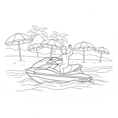 Jetski nära stranden med parasoll i bakgrunden