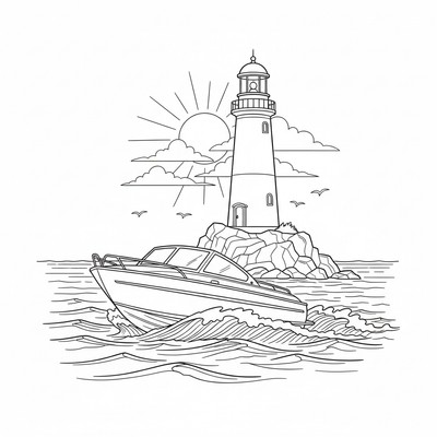 Motorbåt som kör förbi en fyr