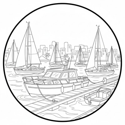 Motorbåt i hamn med segelbåtar runtom