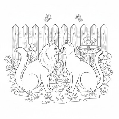 Två katter som nosar på varandra i en trädgård