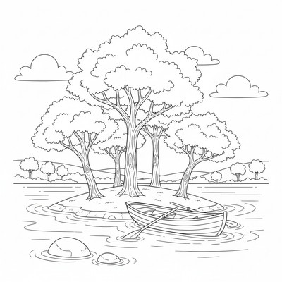 Roddbåt vid en liten ö med träd