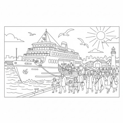 Färja vid hamn med passagerare