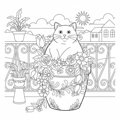 Katt som sitter i en blomkruka på en balkong