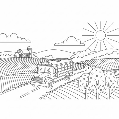 Buss på landsväg med åkrar bredvid