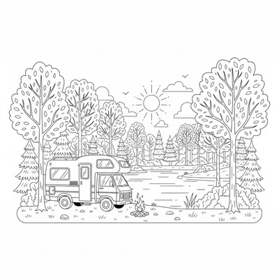 Husbil vid en sjö med träd runtom