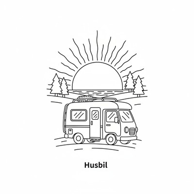 Husbil framför en solnedgång