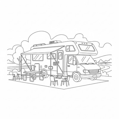 Husbil vid rastplats med bord och stolar ute