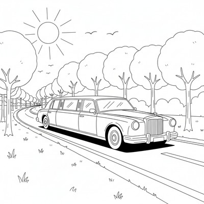 Limousin på landsväg med träd längs sidorna