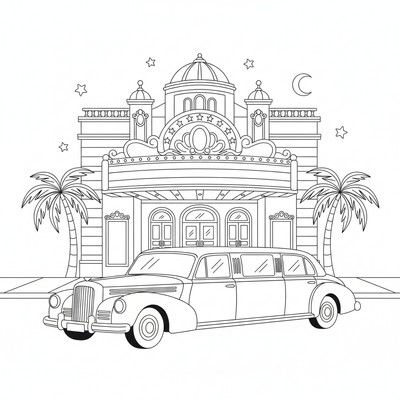 Limousin framför en biograf på kvällen