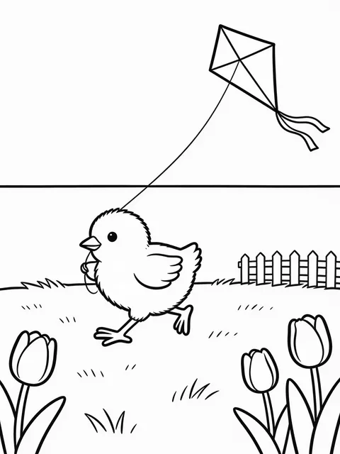 Påskkyckling flyger drake på ängen