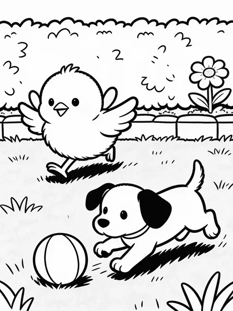 Påskkyckling leker boll med en valp