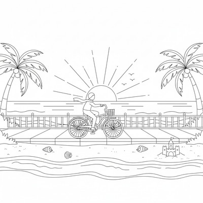 Cykel som kör längs en strandpromenad