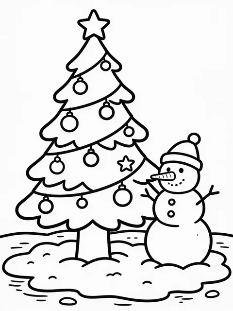 Julgran står bredvid en snögubbe på gården