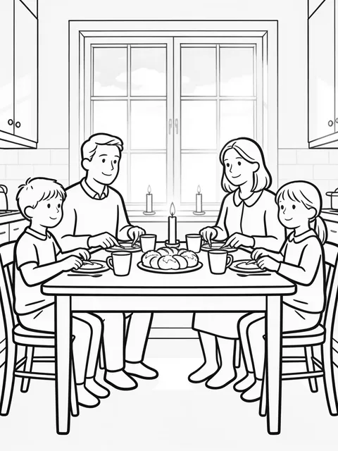 Familjen dukar ett frukostbord med lussekatter