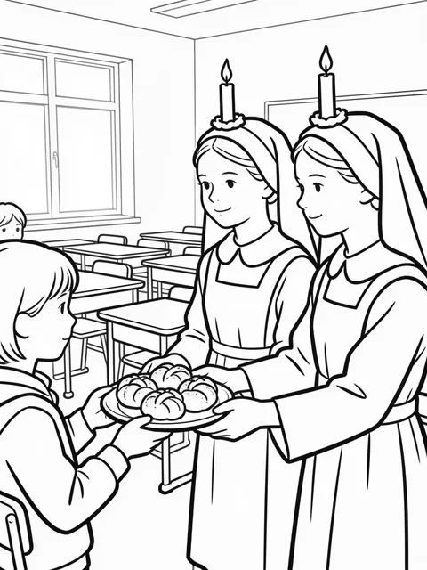 Tärnor delar ut lussekatter i ett ljust klassrum