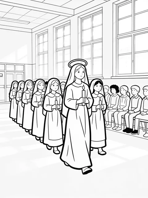 Lucia och tärnor går i procession genom en ljus skolsal