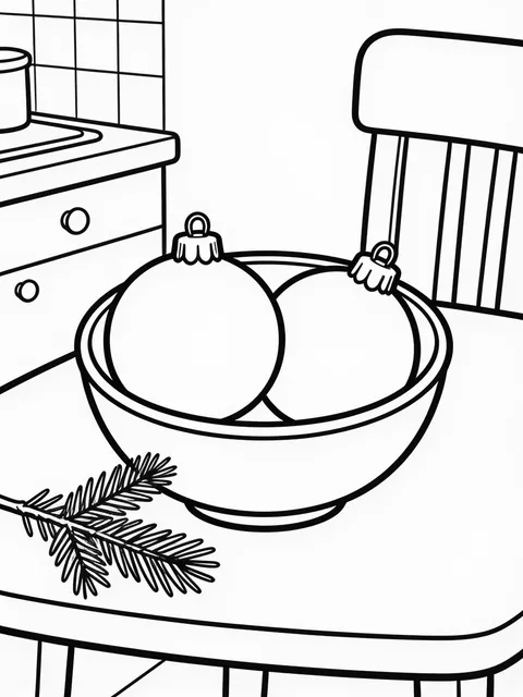 Två julkulor ligger i en skål på köksbordet