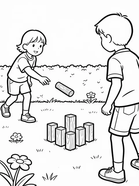 Barn spelar kubb i trädgården