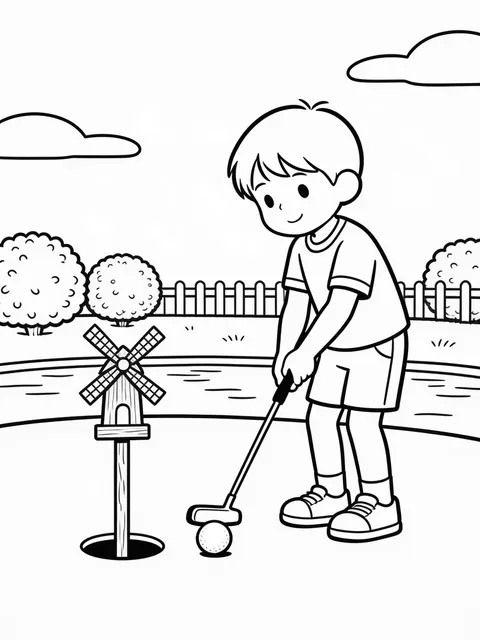 Barn spelar minigolf i sommarparken