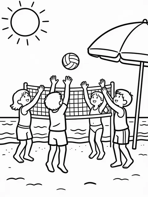 Barn spelar volleyboll på stranden