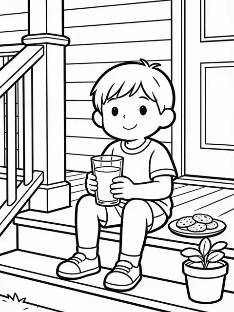 Barn dricker saft på verandan