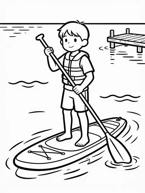 Barn står på paddleboard på sjön